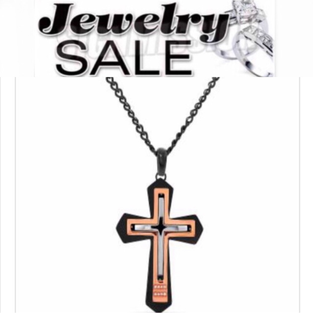 HELEN ANDREWS Stainless Steel Tricolor Cross w/Cubic Zirconia Pendant 24Inch NWT